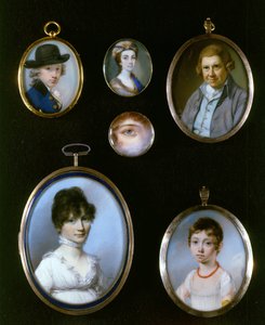 Muotokuvaminiatyyrit, LtoR ja TtoB: Sir Thomas Terney; Tuntematon nainen; William Alton; Silmän muotokuva; Tuntematon nainen (1750-1829); Tuntematon tyttö J.C.D. Engleheart (1784-1862)